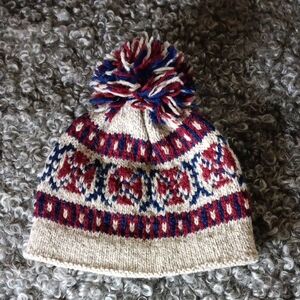 Handknit Wool Pom-Pom Hat for Kids -Burgundy, Blue, and Cream